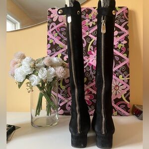 Anne Klein Black Suede Camden iFlex Block  Heel Back Zip Boot size 9.5